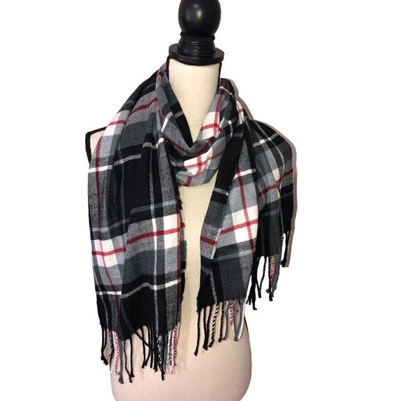 Lands End Scarf Plaid Soft Black White Red Fringe Winter Fall Unisex - Picture 1 of 6